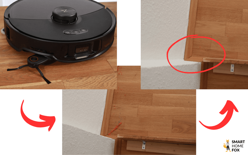Das Reinigungsergebnis des Roborock S8 MaxV Ultra in einer Ecke ist zu sehen.